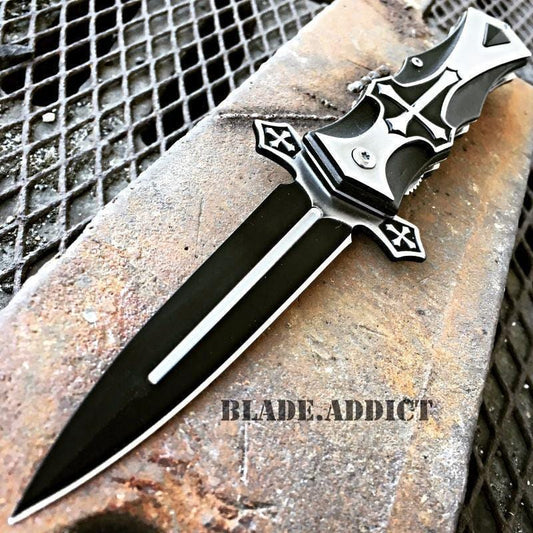 CELTIC CROSS Folding Blade STILETTO Pocket Knife Black